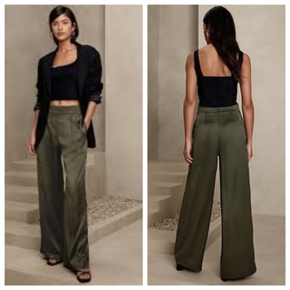 Banana Republic Factory Pleated Wide-Leg Pant Size 18 Waimea Olive Green Satin - Picture 1 of 9